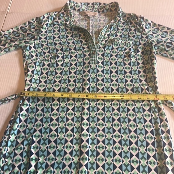 Donna Morgan Geometric Patterned Green white and Blue Dress w belt & buttons - Picture 8 of 14
